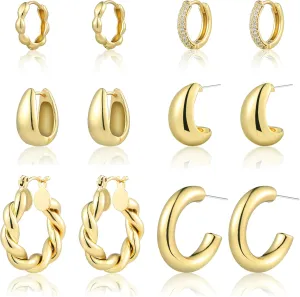 Gold Hoop Earrings for Women, 6 Pairs Hypoallergenic Lightweight Chunky Twisted Hoop Earrings - Trendy Jewelry Gifts