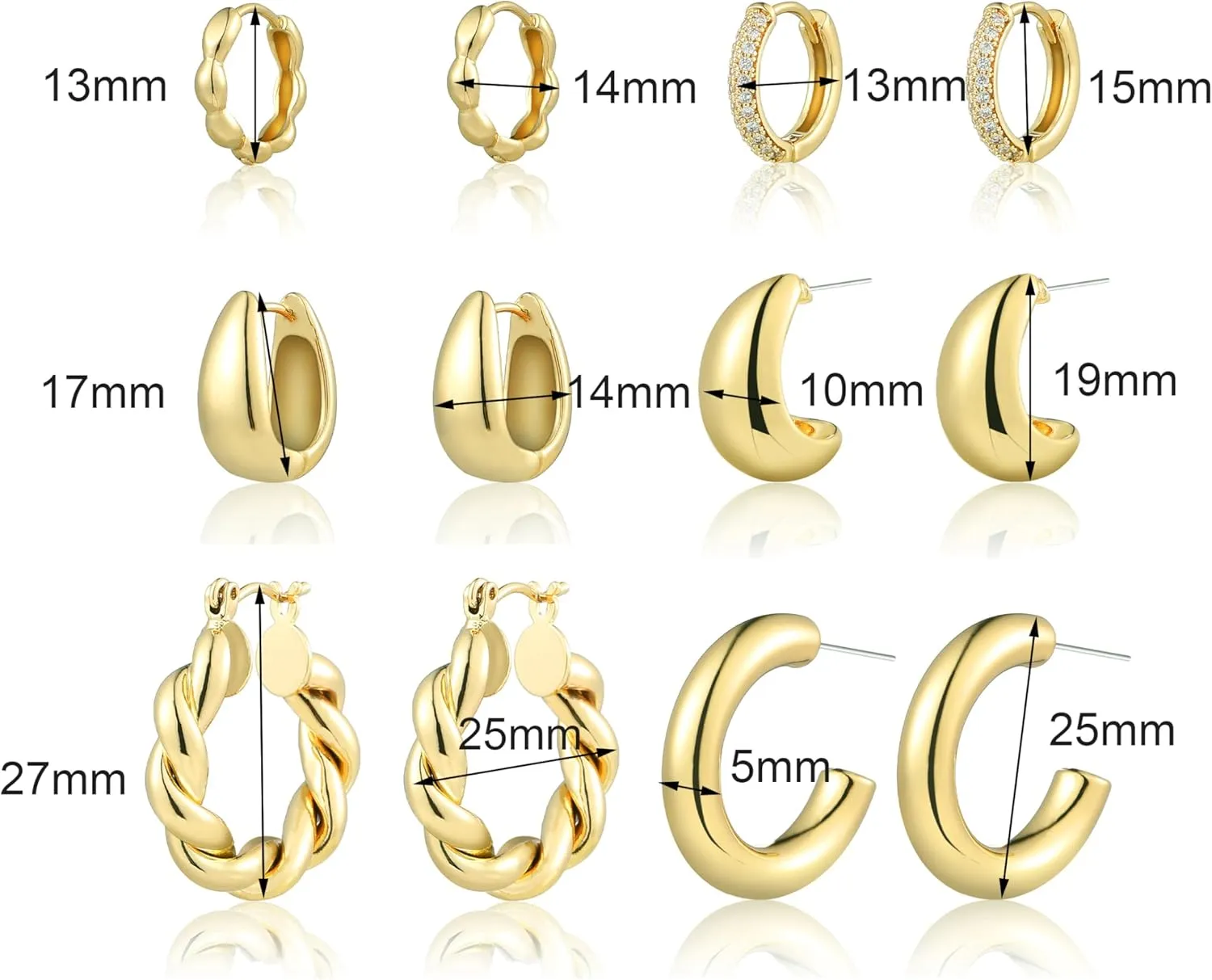 Gold Hoop Earrings for Women, 6 Pairs Hypoallergenic Lightweight Chunky Twisted Hoop Earrings - Trendy Jewelry Gifts