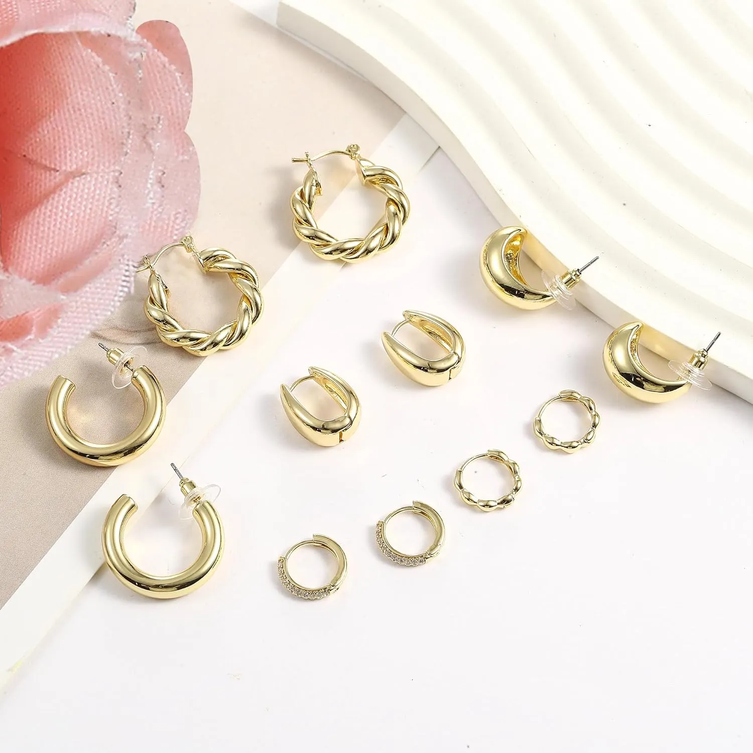 Gold Hoop Earrings for Women, 6 Pairs Hypoallergenic Lightweight Chunky Twisted Hoop Earrings - Trendy Jewelry Gifts