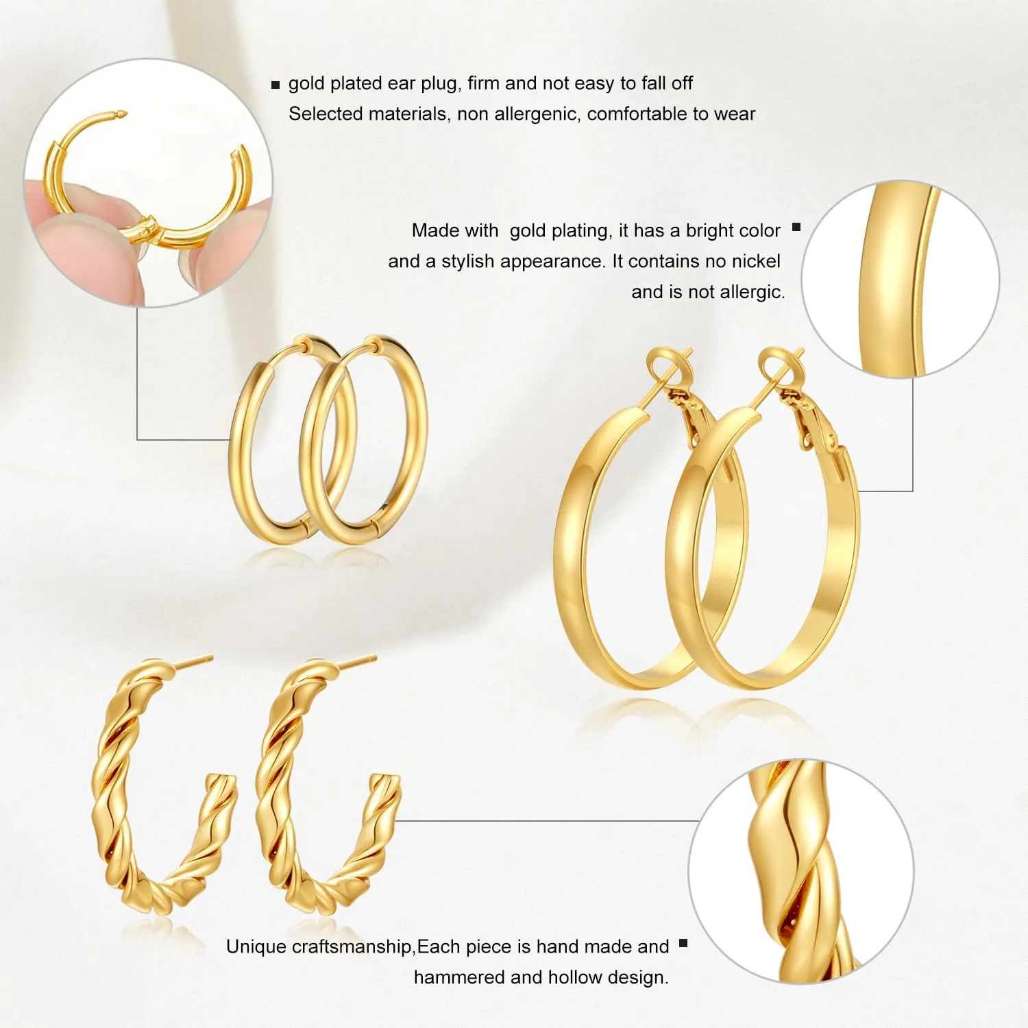 Gold Hoop Earrings Set for Women, 14K Golden Plated Hypoallergenic Thin Small Gold Earrings Set Cartilage Helix Huggie Hoop Pack for Women Men Different Size
