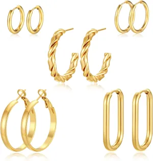 Gold Hoop Earrings Set for Women, 14K Golden Plated Hypoallergenic Thin Small Gold Earrings Set Cartilage Helix Huggie Hoop Pack for Women Men Different Size