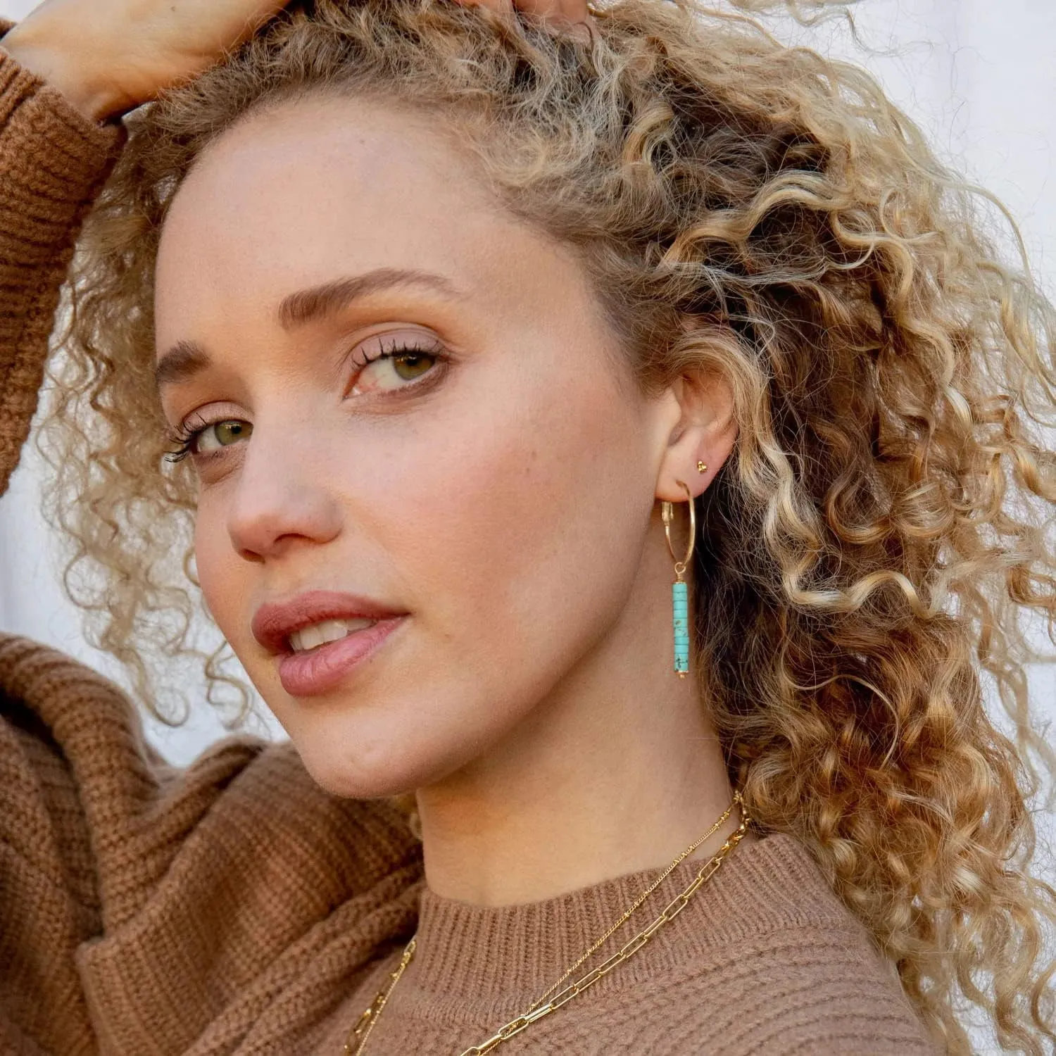 Gold Huggie Hoop Drop Dangle Earrings Turquoise Beads Gemstone Earrings Boho Handmade Lightweight Jewelry for Women