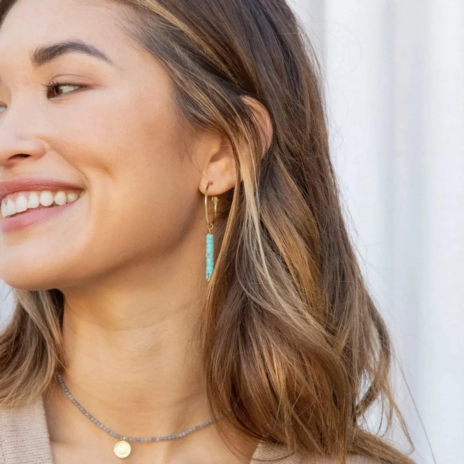 Gold Huggie Hoop Drop Dangle Earrings Turquoise Beads Gemstone Earrings Boho Handmade Lightweight Jewelry for Women