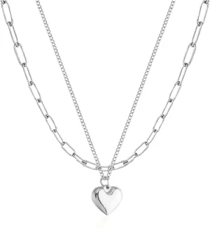 Gold Layered Rectangle Paper Clip Chain Link Choker Statement Heart Pendant Necklace Minimalist Chunky Thick Chain Jewelry for Woman
