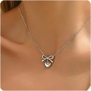 Gold Necklace for Women 18K Gold Plated Dainty Bow with Pearl Pendant Necklace Tiny CZ Bow Herringbone Chain Necklace Trendy Necklaces Gold Jewelry