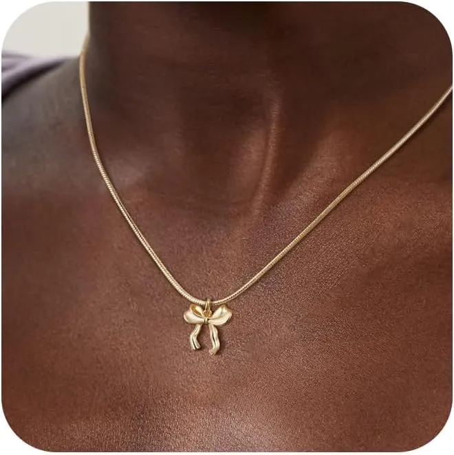 Gold Necklace for Women - Bow Necklace 14K Dainty Gold Necklace Cute Small Tiny Bow Pendant Choker Chain Necklace Trendy Necklaces for Women Gold Jewelry Gift