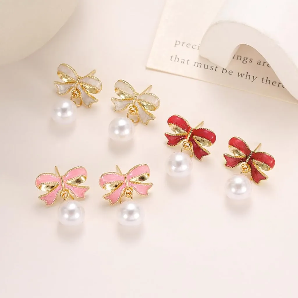 Gold Pearl Bow Earrings For Women Trendy Pink Coquette Drop Stud Ribbon Silver Earrings Dangle Jewelry - Unique Gifts For Wife Preppy Cute Teen Accessories 2025