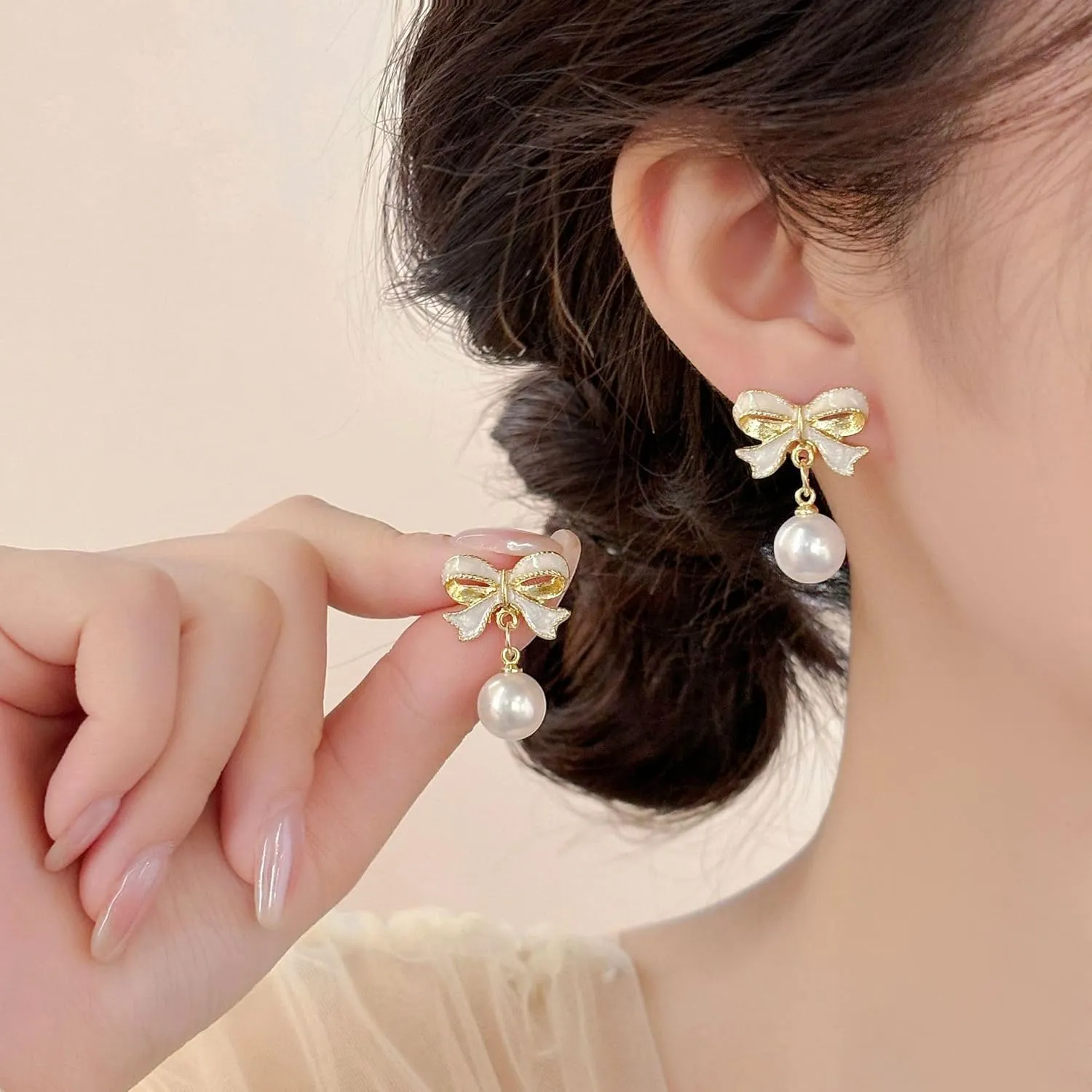 Gold Pearl Bow Earrings For Women Trendy Pink Coquette Drop Stud Ribbon Silver Earrings Dangle Jewelry - Unique Gifts For Wife Preppy Cute Teen Accessories 2025