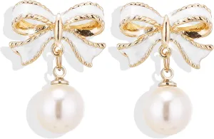 Gold Pearl Bow Earrings For Women Trendy Pink Coquette Drop Stud Ribbon Silver Earrings Dangle Jewelry - Unique Gifts For Wife Preppy Cute Teen Accessories 2025