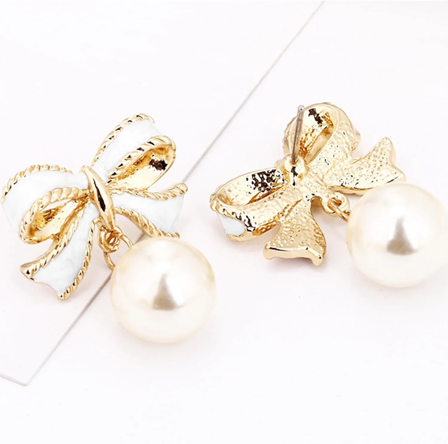 Gold Pearl Bow Earrings For Women Trendy Pink Coquette Drop Stud Ribbon Silver Earrings Dangle Jewelry - Unique Gifts For Wife Preppy Cute Teen Accessories 2025