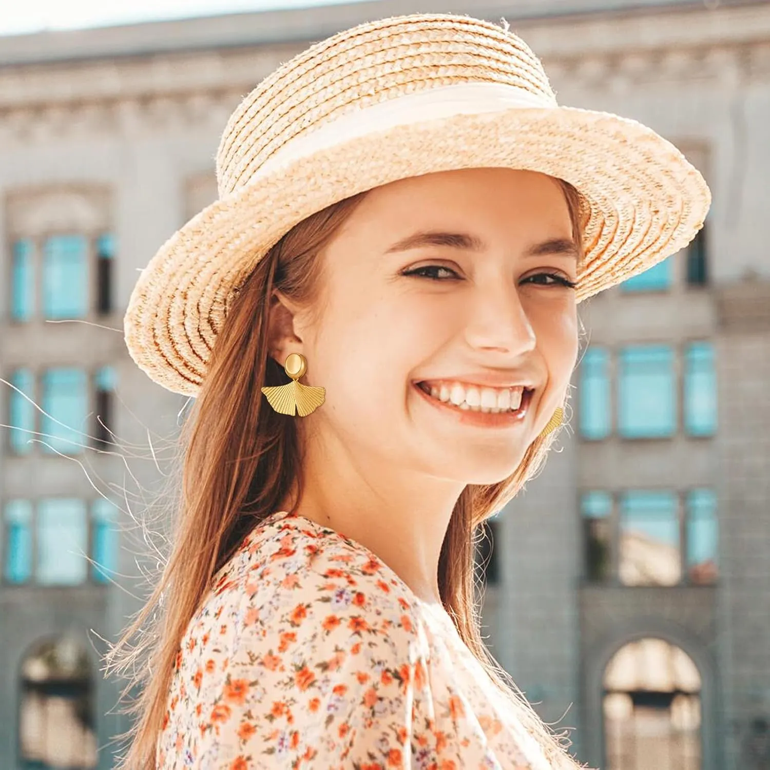 Gold Plated Ginkgo Leaf Flower Earrings for Women Trendy Boho Dangle Earrings Vacation Jewelry