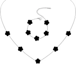 Gold Plated Stainless Steel Flower Bracelet and Necklace Jewelry Set for Women