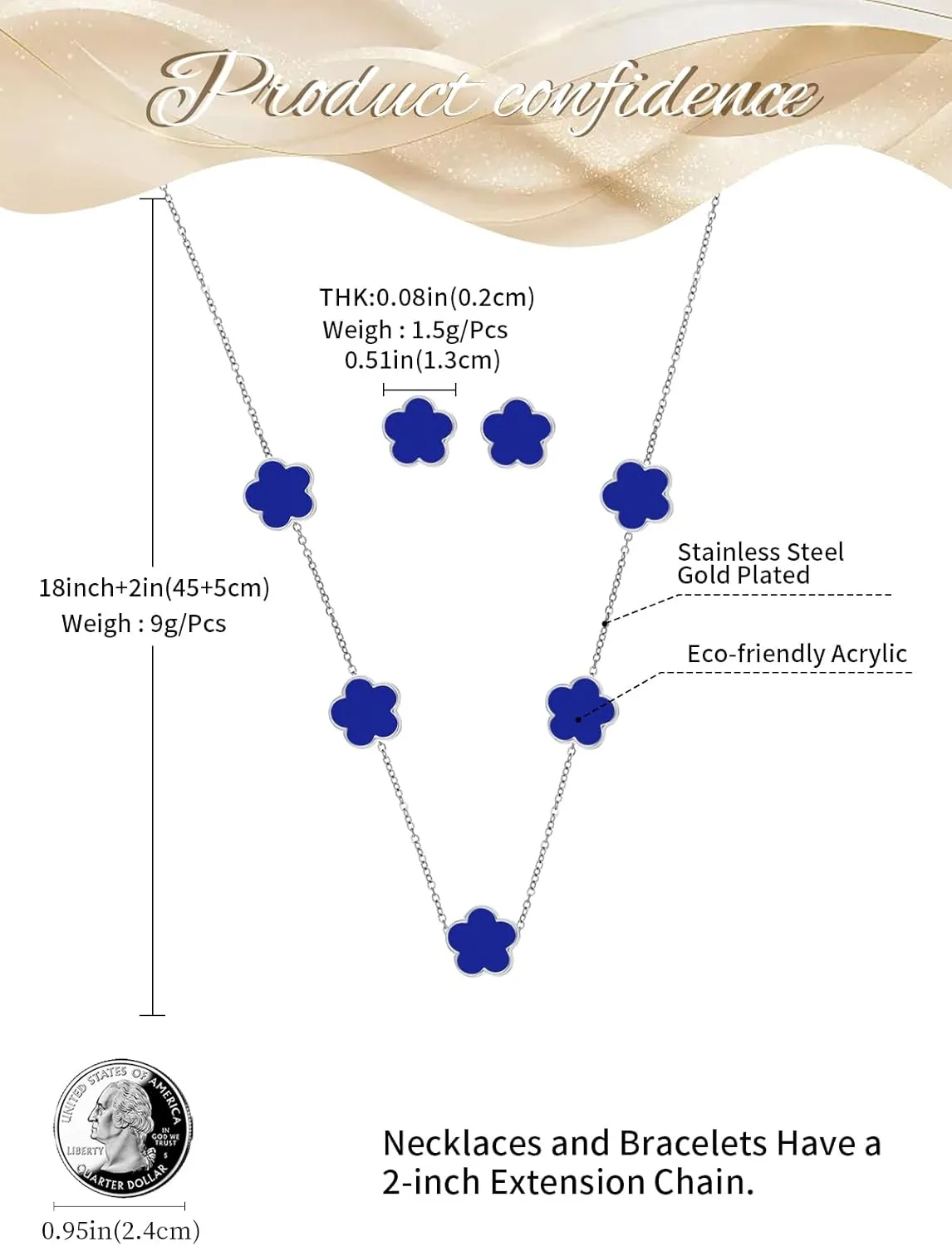 Gold Plated Stainless Steel Flower Necklace and Stud Jewelry Set for Women