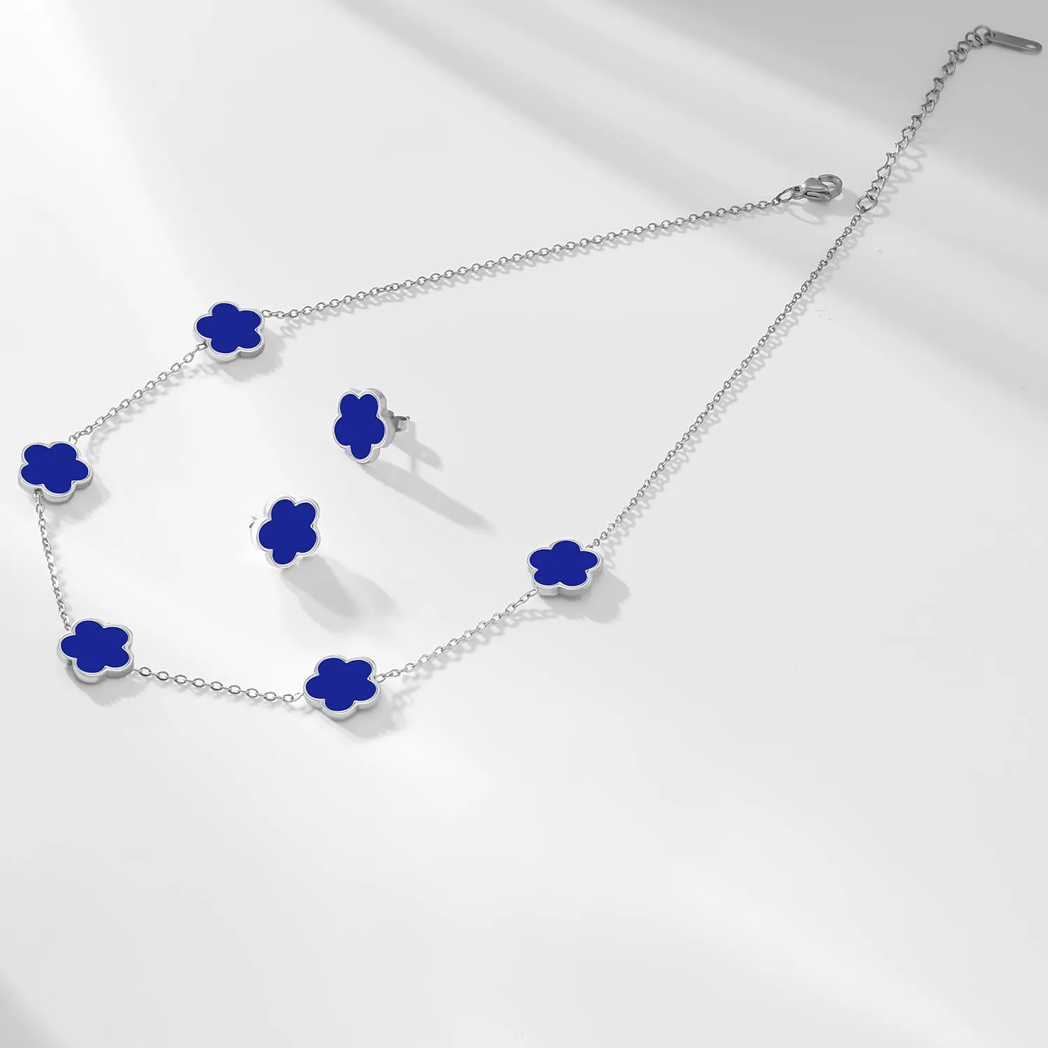 Gold Plated Stainless Steel Flower Necklace and Stud Jewelry Set for Women
