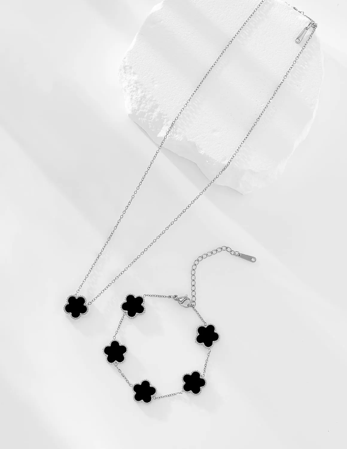 Gold Plated Stainless Steel Four Leaf Clover Bracelet and Necklace Jewelry Set for Women