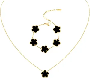Gold Plated Stainless Steel Four Leaf Clover Bracelet and Necklace Jewelry Set for Women