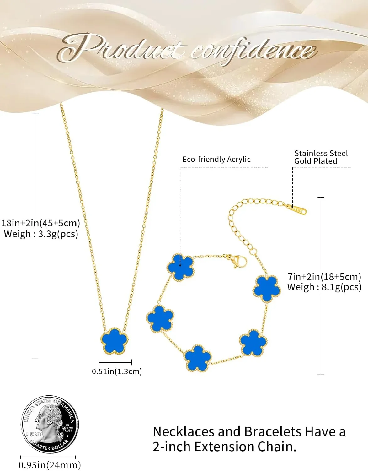 Gold Plated Stainless Steel Four Leaf Clover Bracelet and Necklace Jewelry Set for Women