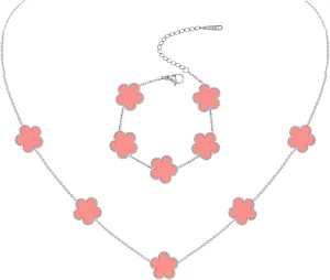 Gold Plated Stainless Steel Four Leaf Clover Bracelet and Necklace Jewelry Set for Women