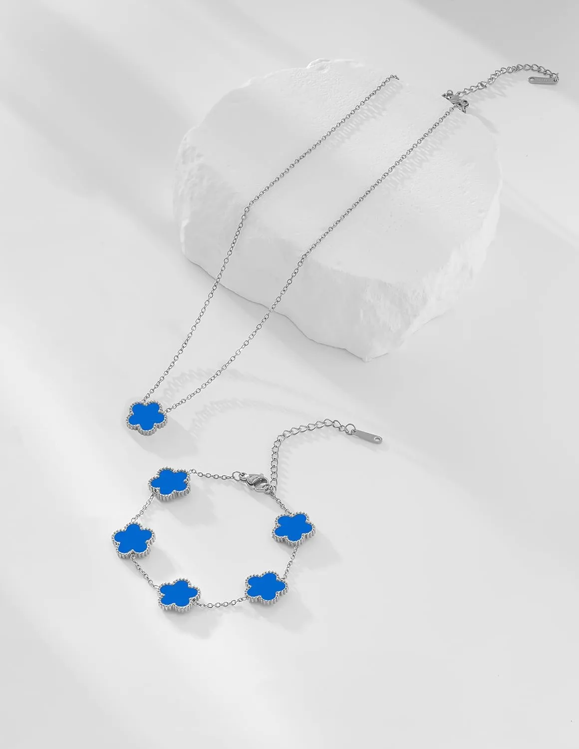 Gold Plated Stainless Steel Four Leaf Clover Bracelet and Necklace Jewelry Set for Women