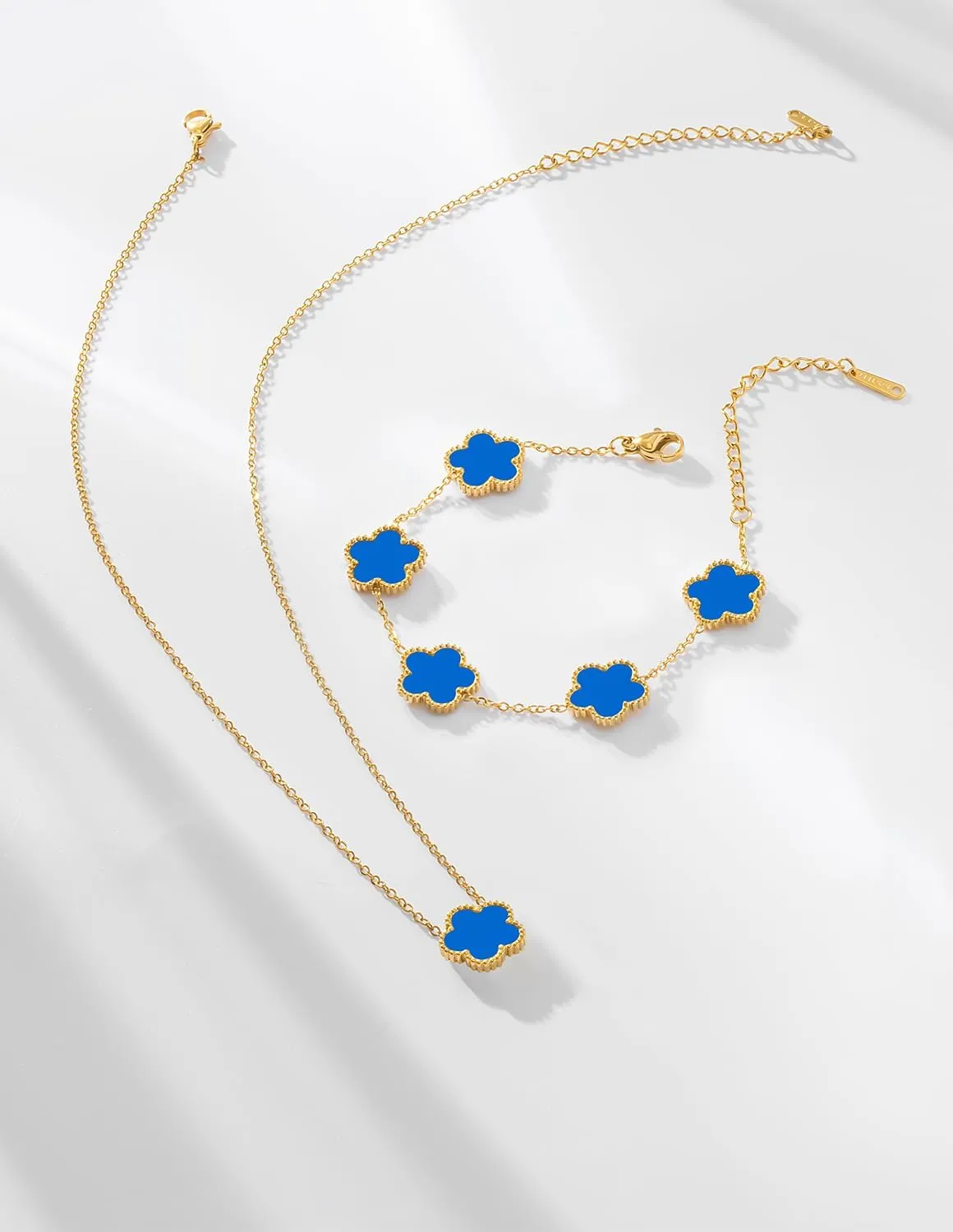 Gold Plated Stainless Steel Four Leaf Clover Bracelet and Necklace Jewelry Set for Women