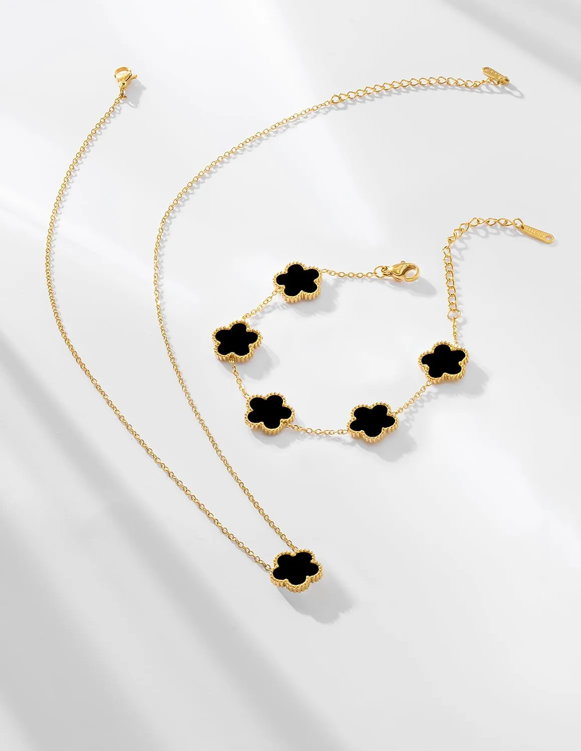 Gold Plated Stainless Steel Four Leaf Clover Bracelet and Necklace Jewelry Set for Women