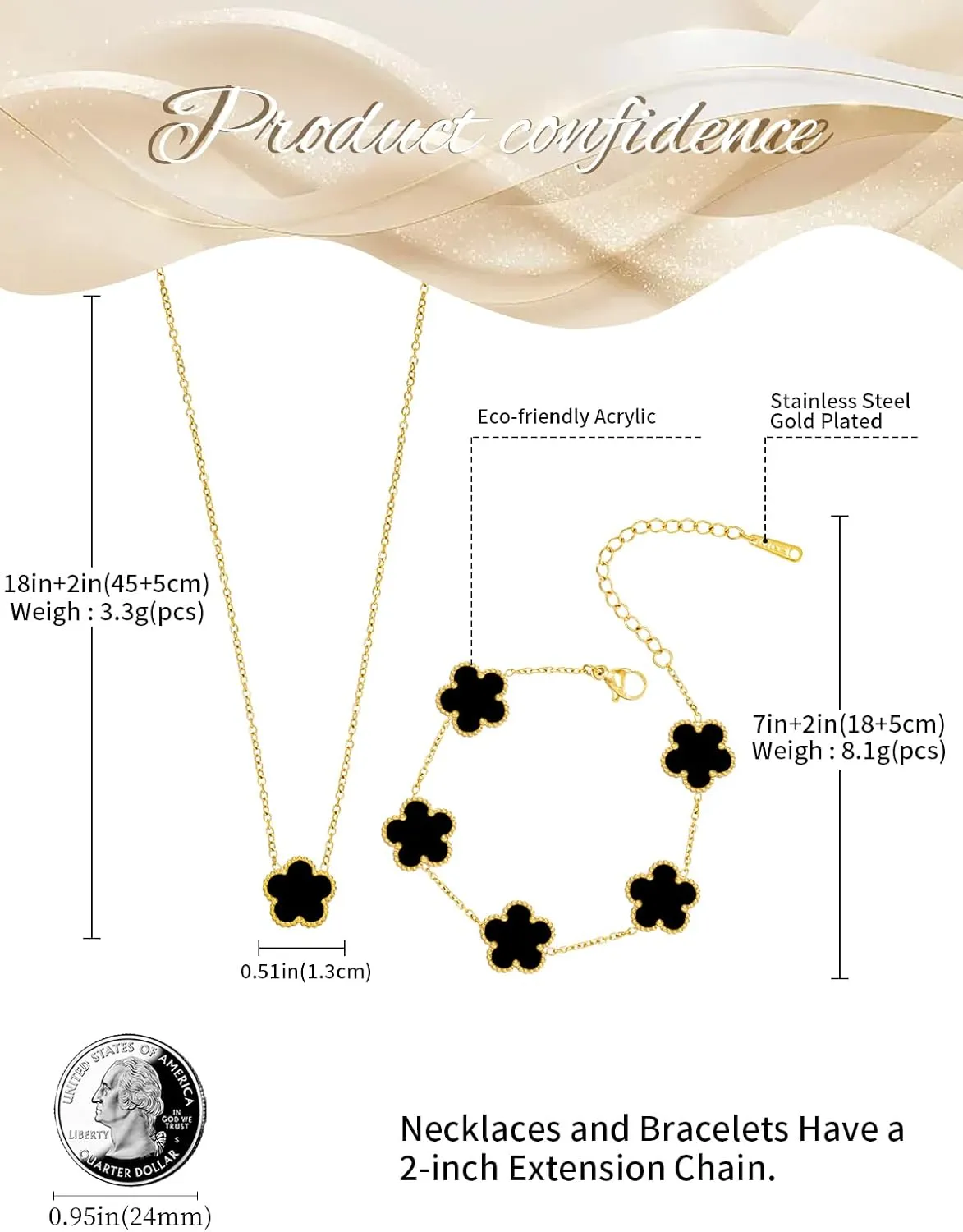 Gold Plated Stainless Steel Four Leaf Clover Bracelet and Necklace Jewelry Set for Women