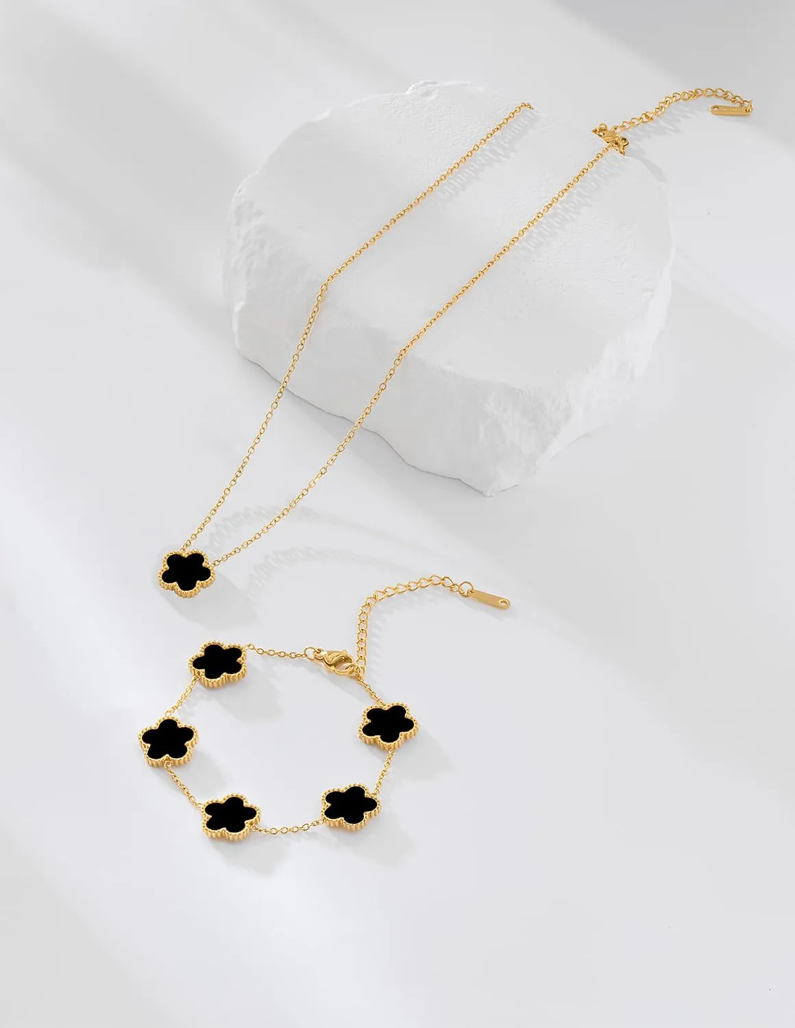 Gold Plated Stainless Steel Four Leaf Clover Bracelet and Necklace Jewelry Set for Women