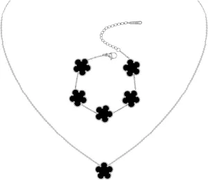 Gold Plated Stainless Steel Four Leaf Clover Bracelet and Necklace Jewelry Set for Women