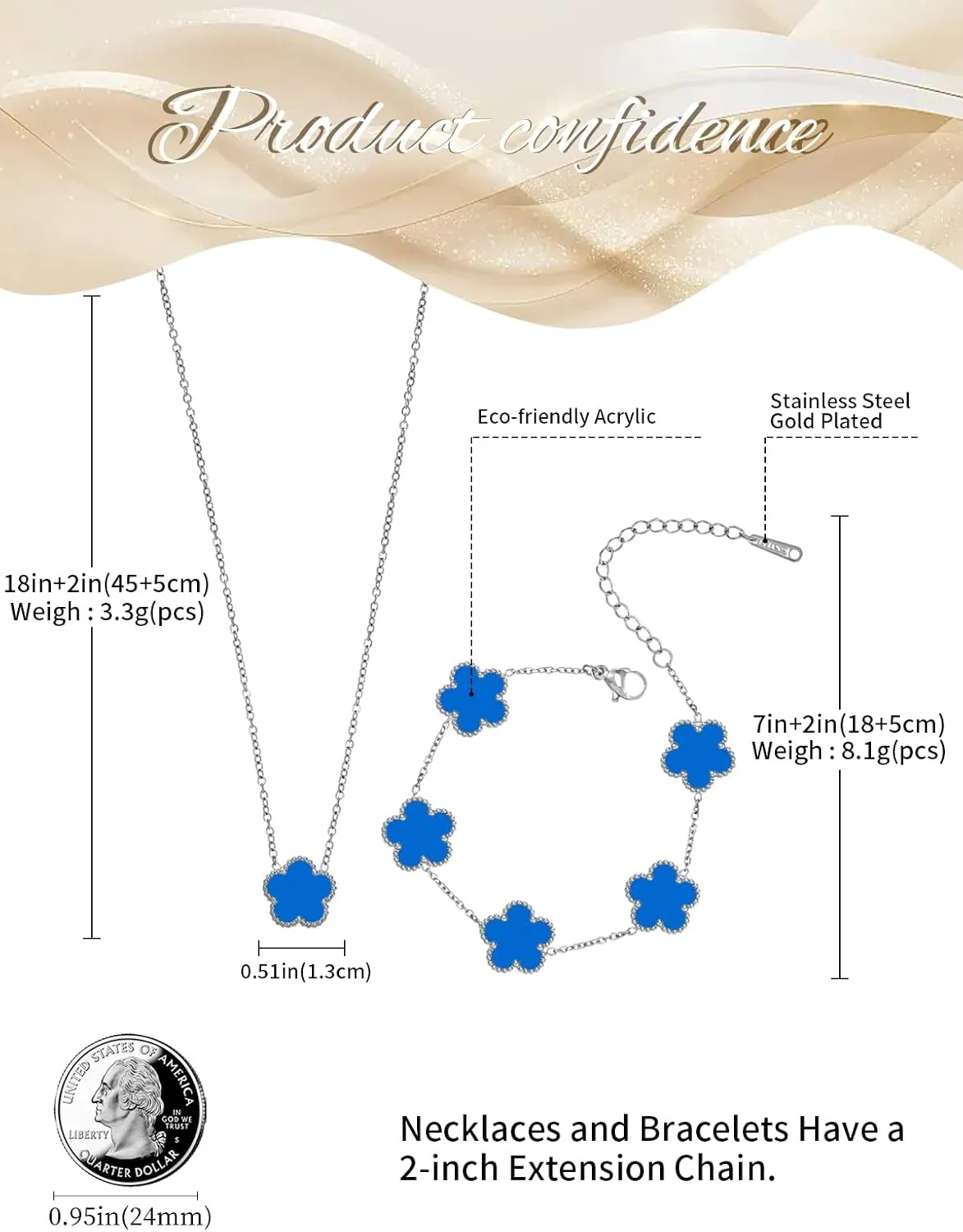 Gold Plated Stainless Steel Four Leaf Clover Bracelet and Necklace Jewelry Set for Women