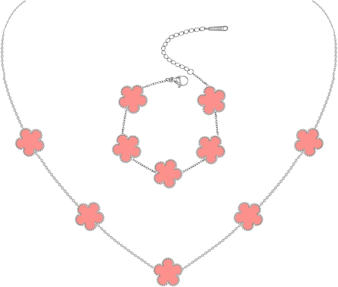 Gold Plated Stainless Steel Four Leaf Clover Bracelet and Necklace Jewelry Set for Women