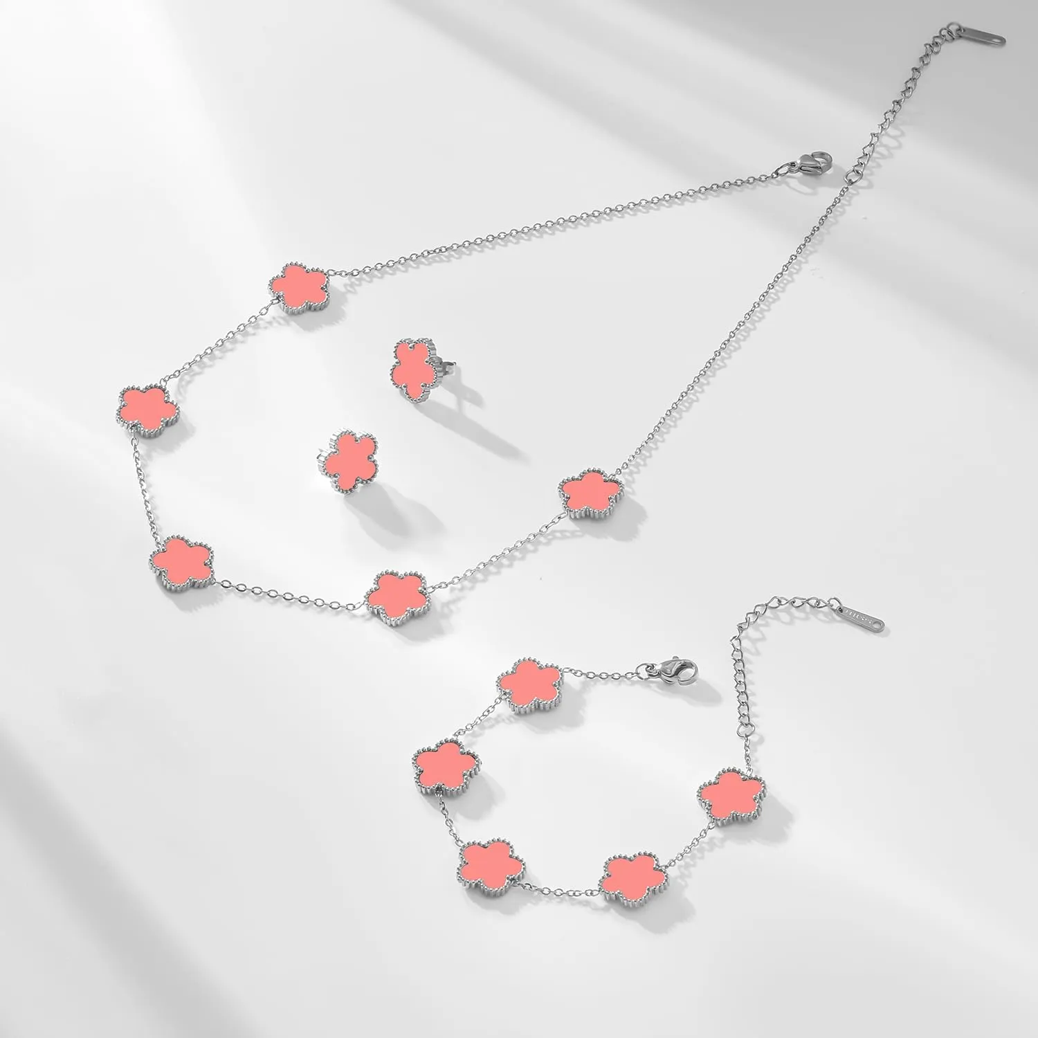 Gold Plated Stainless Steel Four Leaf Clover Bracelet and Necklace Jewelry Set for Women