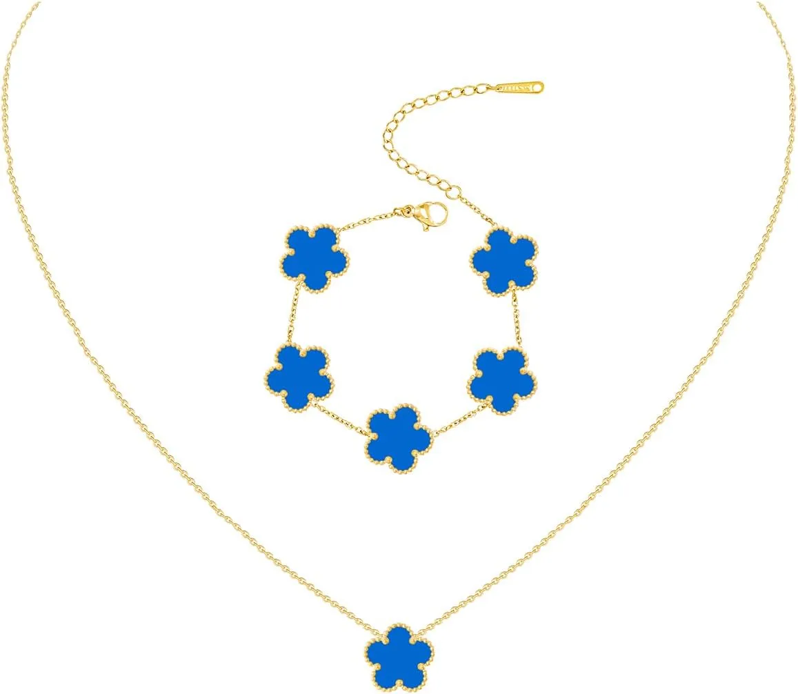 Gold Plated Stainless Steel Four Leaf Clover Bracelet and Necklace Jewelry Set for Women