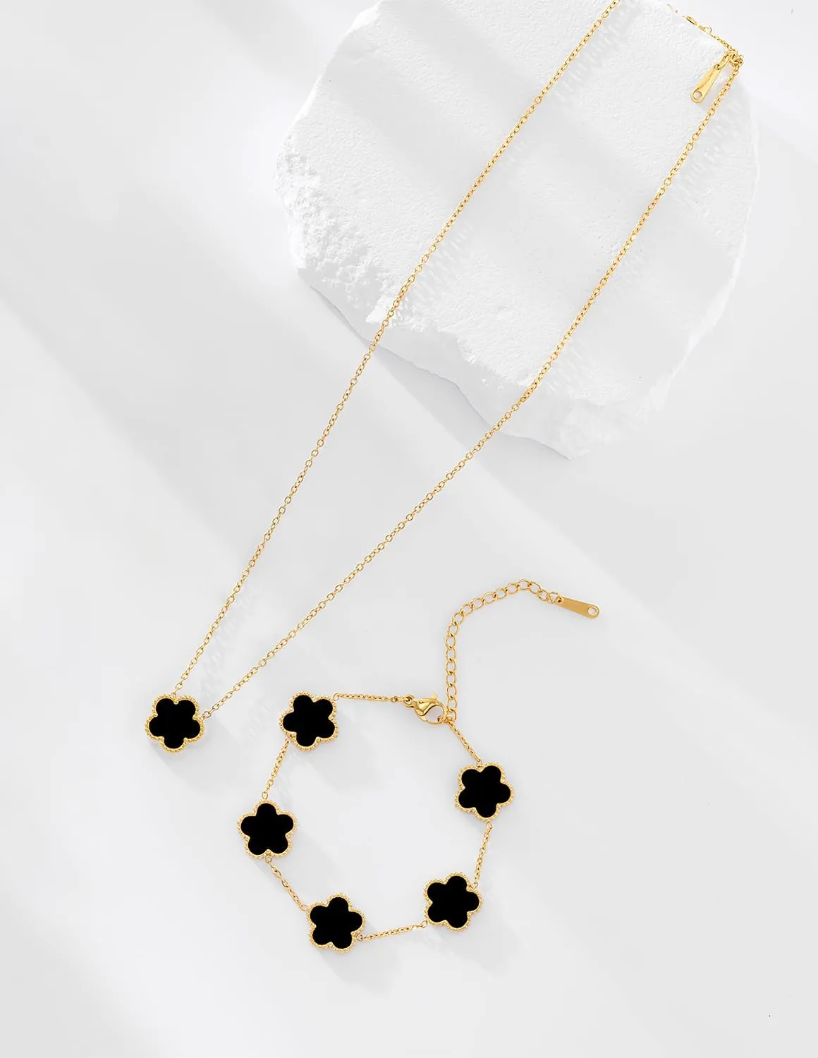 Gold Plated Stainless Steel Four Leaf Clover Bracelet and Necklace Jewelry Set for Women
