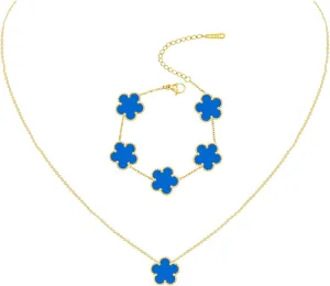 Gold Plated Stainless Steel Four Leaf Clover Bracelet and Necklace Jewelry Set for Women