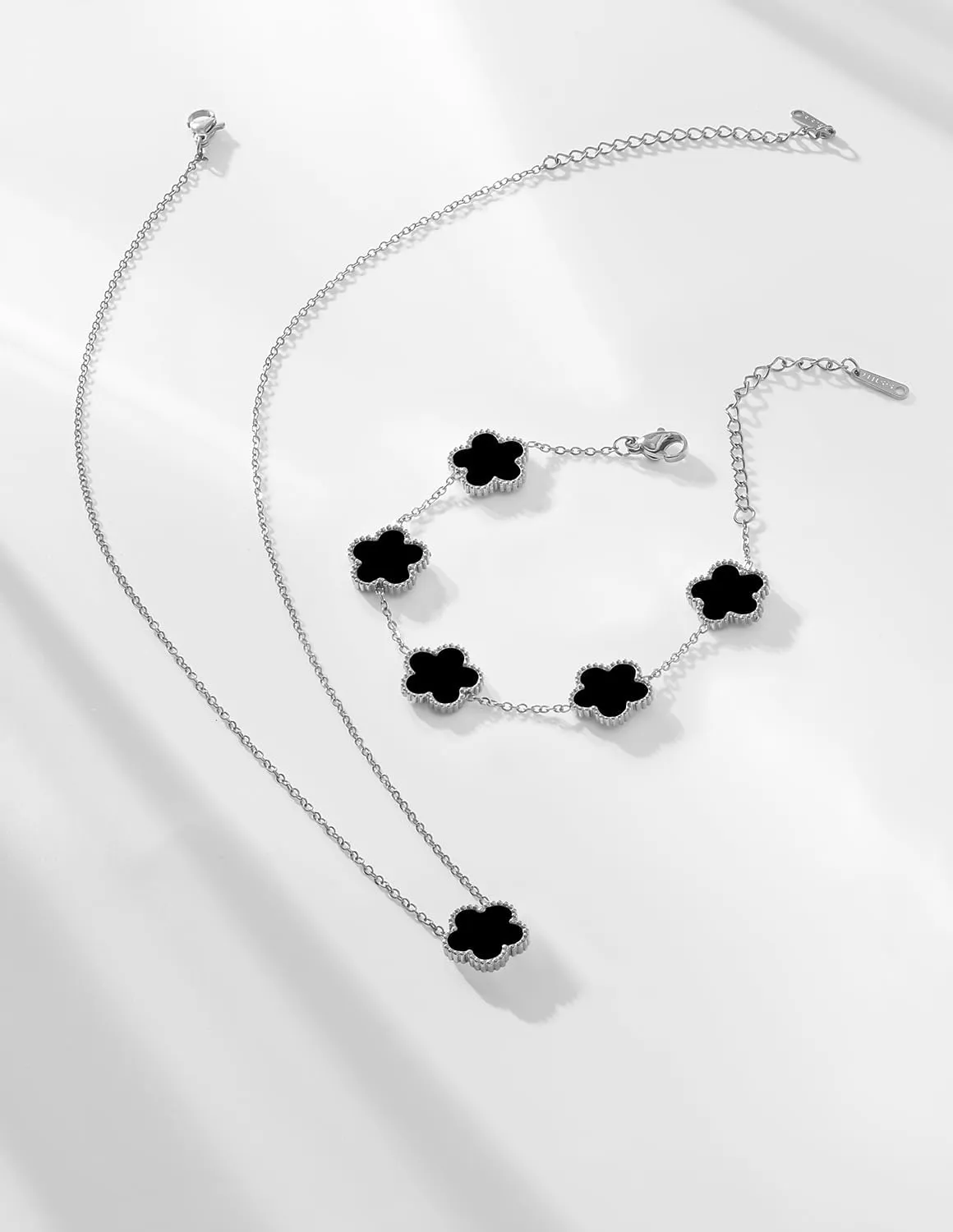 Gold Plated Stainless Steel Four Leaf Clover Bracelet and Necklace Jewelry Set for Women