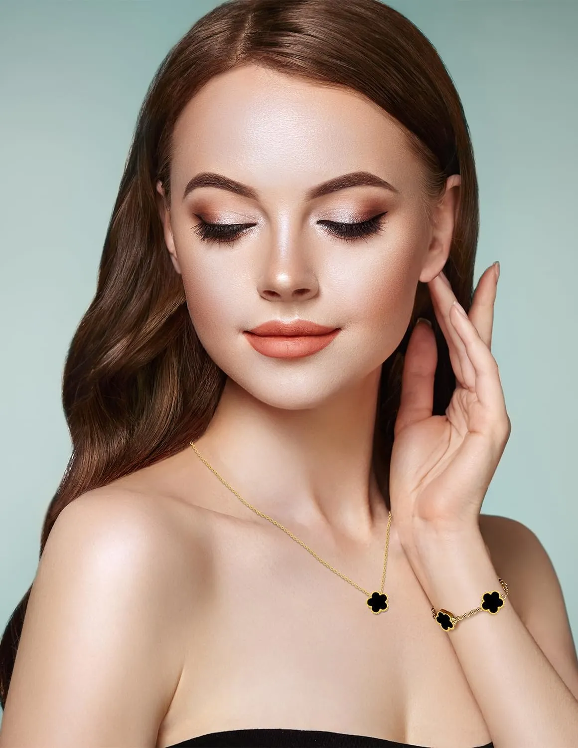 Gold Plated Stainless Steel Four Leaf Clover Bracelet and Necklace Jewelry Set for Women