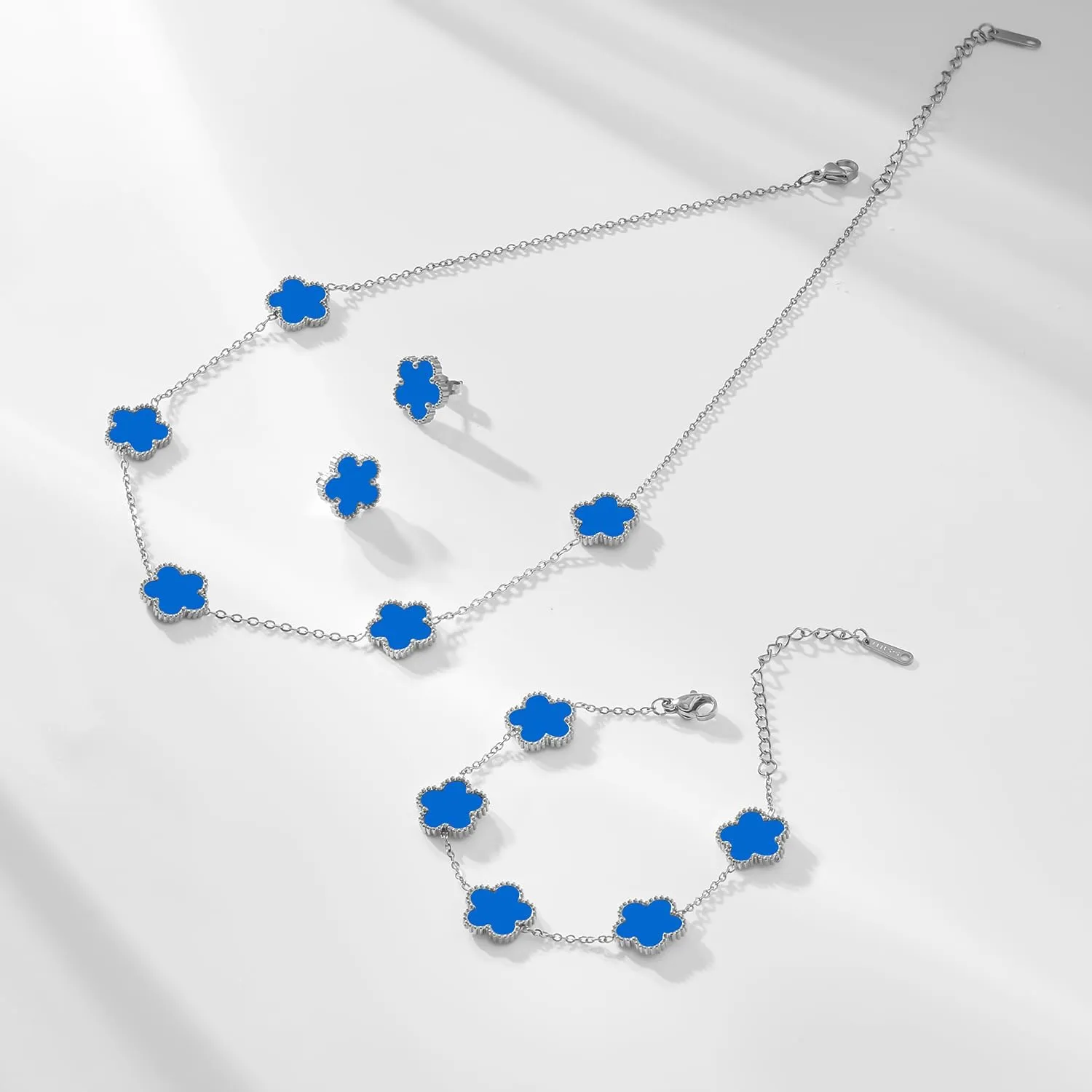 Gold Plated Stainless Steel Four Leaf Clover Bracelet and Necklace Jewelry Set for Women