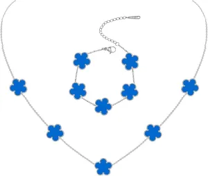 Gold Plated Stainless Steel Four Leaf Clover Bracelet and Necklace Jewelry Set for Women