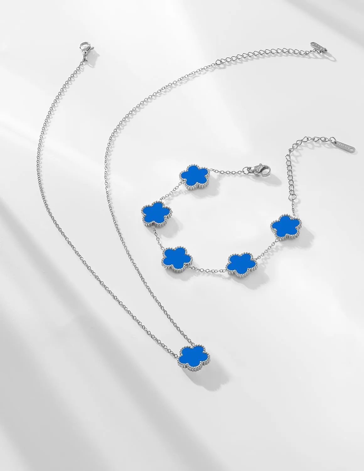 Gold Plated Stainless Steel Four Leaf Clover Bracelet and Necklace Jewelry Set for Women