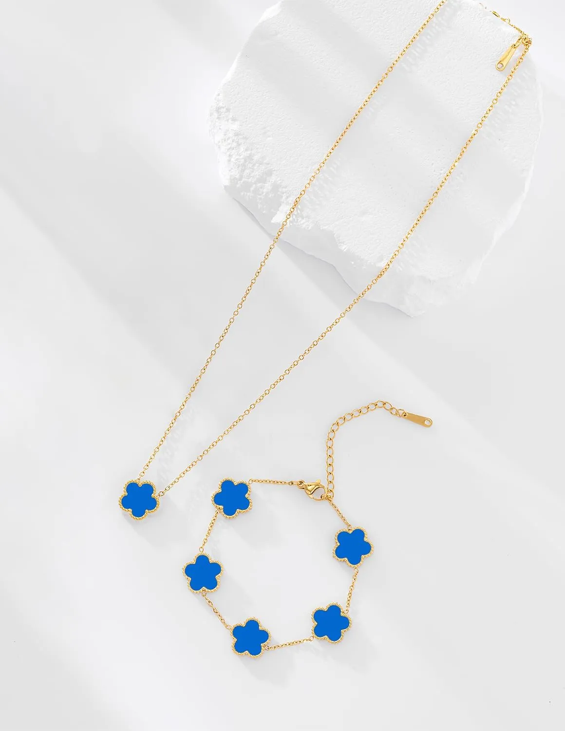 Gold Plated Stainless Steel Four Leaf Clover Bracelet and Necklace Jewelry Set for Women