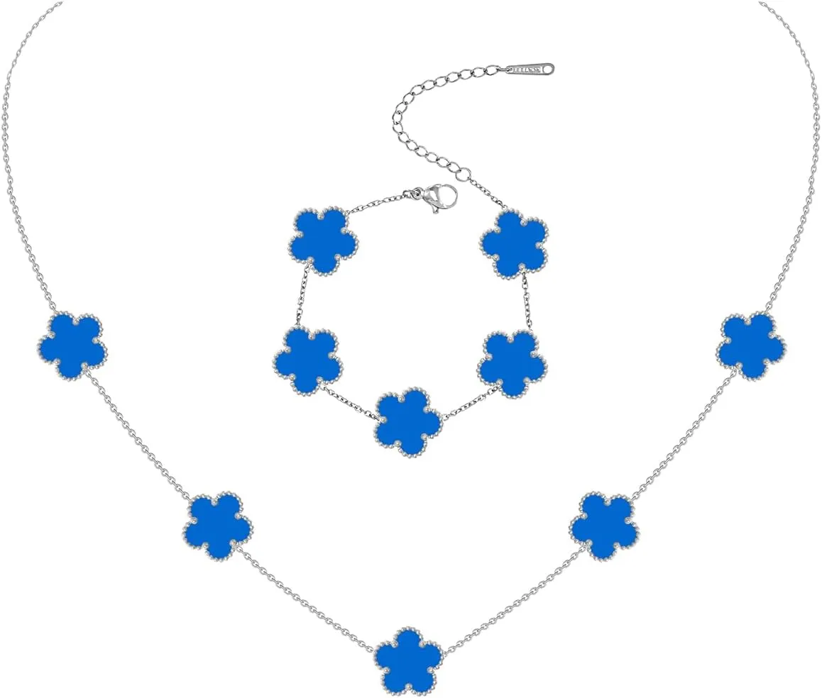 Gold Plated Stainless Steel Four Leaf Clover Bracelet and Necklace Jewelry Set for Women