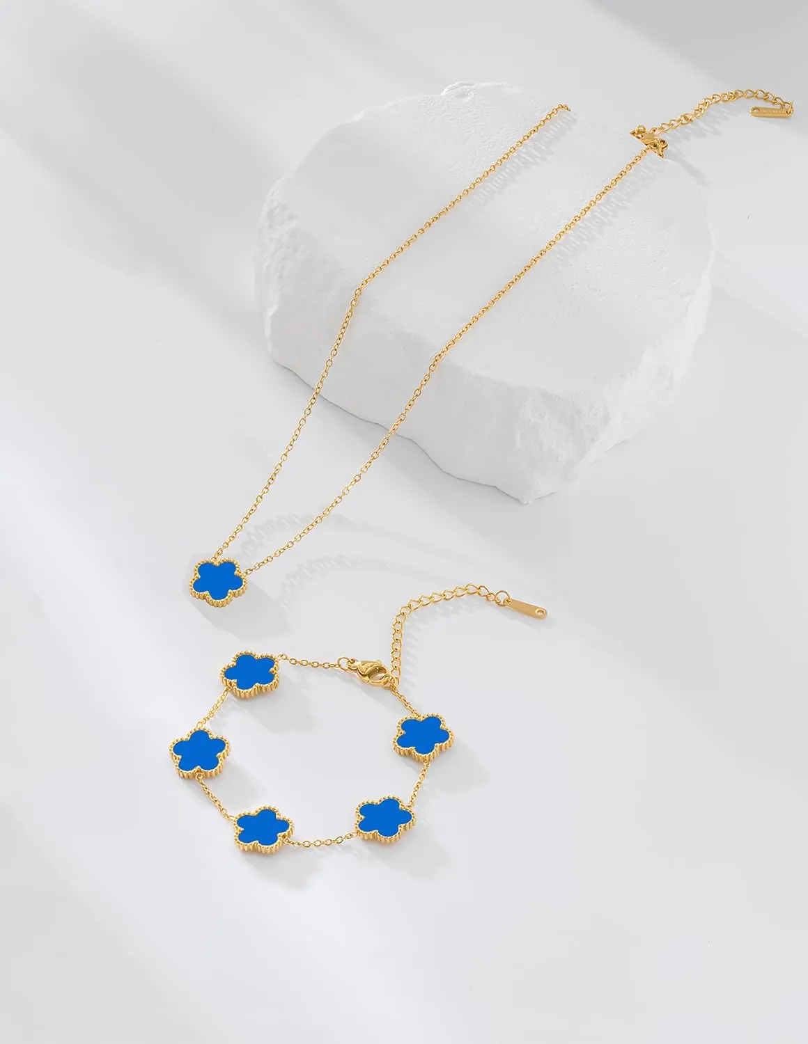Gold Plated Stainless Steel Four Leaf Clover Bracelet and Necklace Jewelry Set for Women