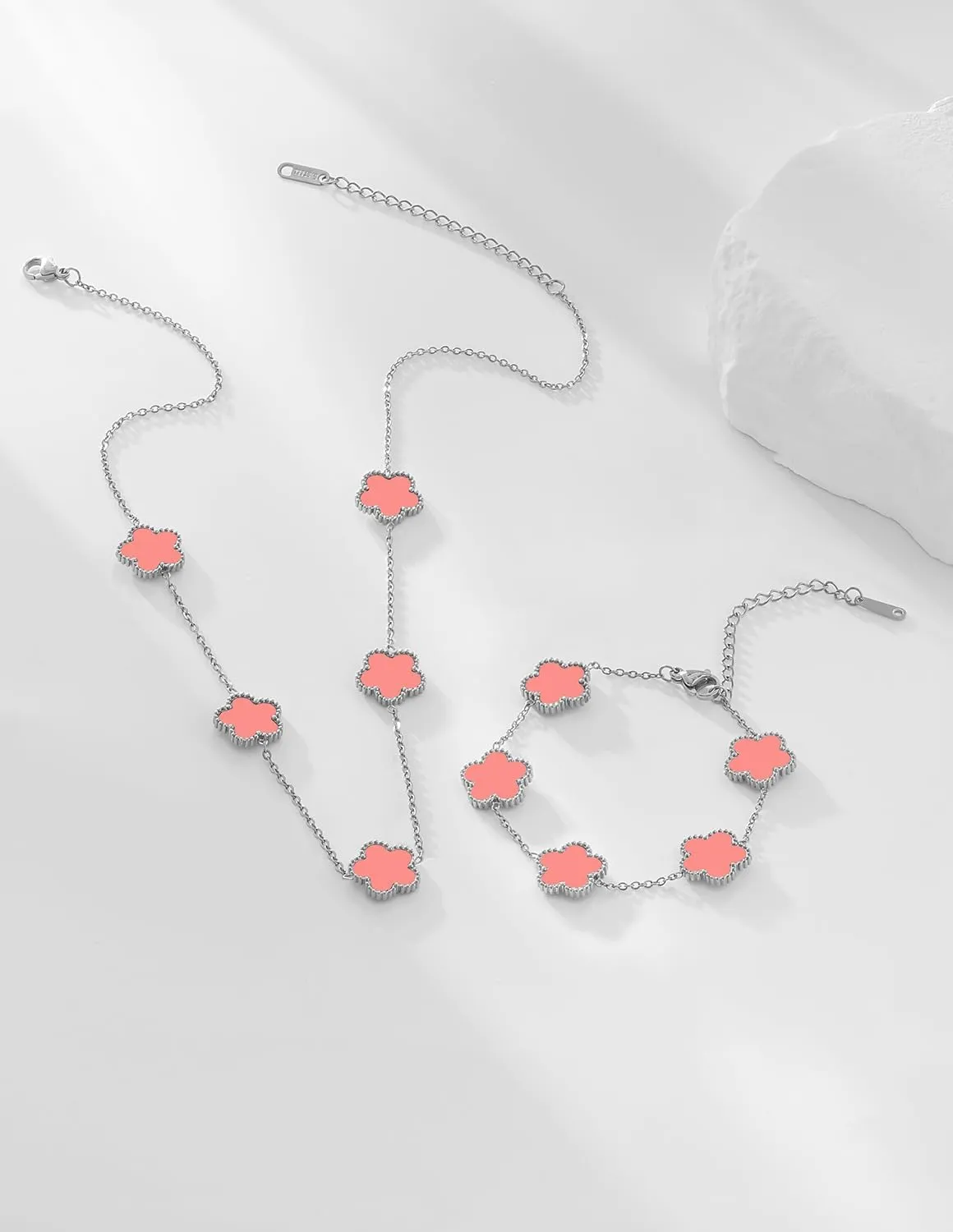Gold Plated Stainless Steel Four Leaf Clover Bracelet and Necklace Jewelry Set for Women