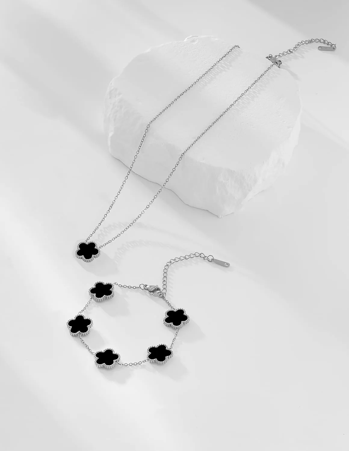 Gold Plated Stainless Steel Four Leaf Clover Bracelet and Necklace Jewelry Set for Women
