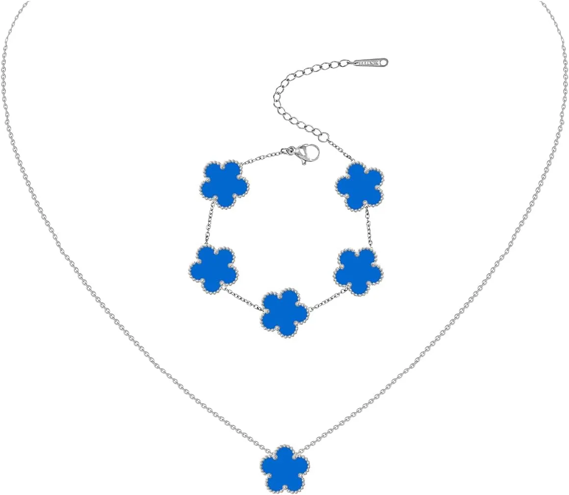 Gold Plated Stainless Steel Four Leaf Clover Bracelet and Necklace Jewelry Set for Women