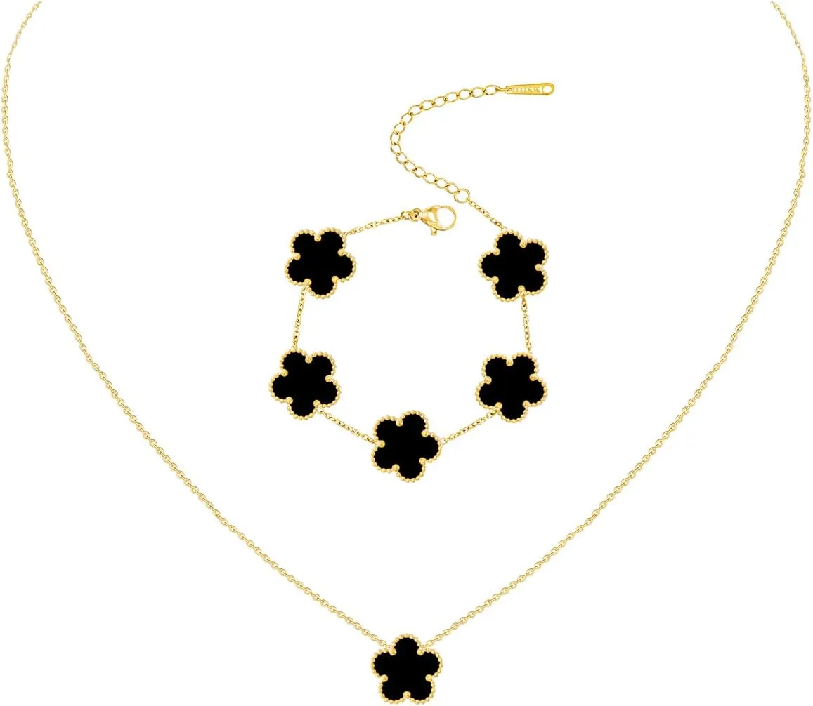 Gold Plated Stainless Steel Four Leaf Clover Bracelet and Necklace Jewelry Set for Women