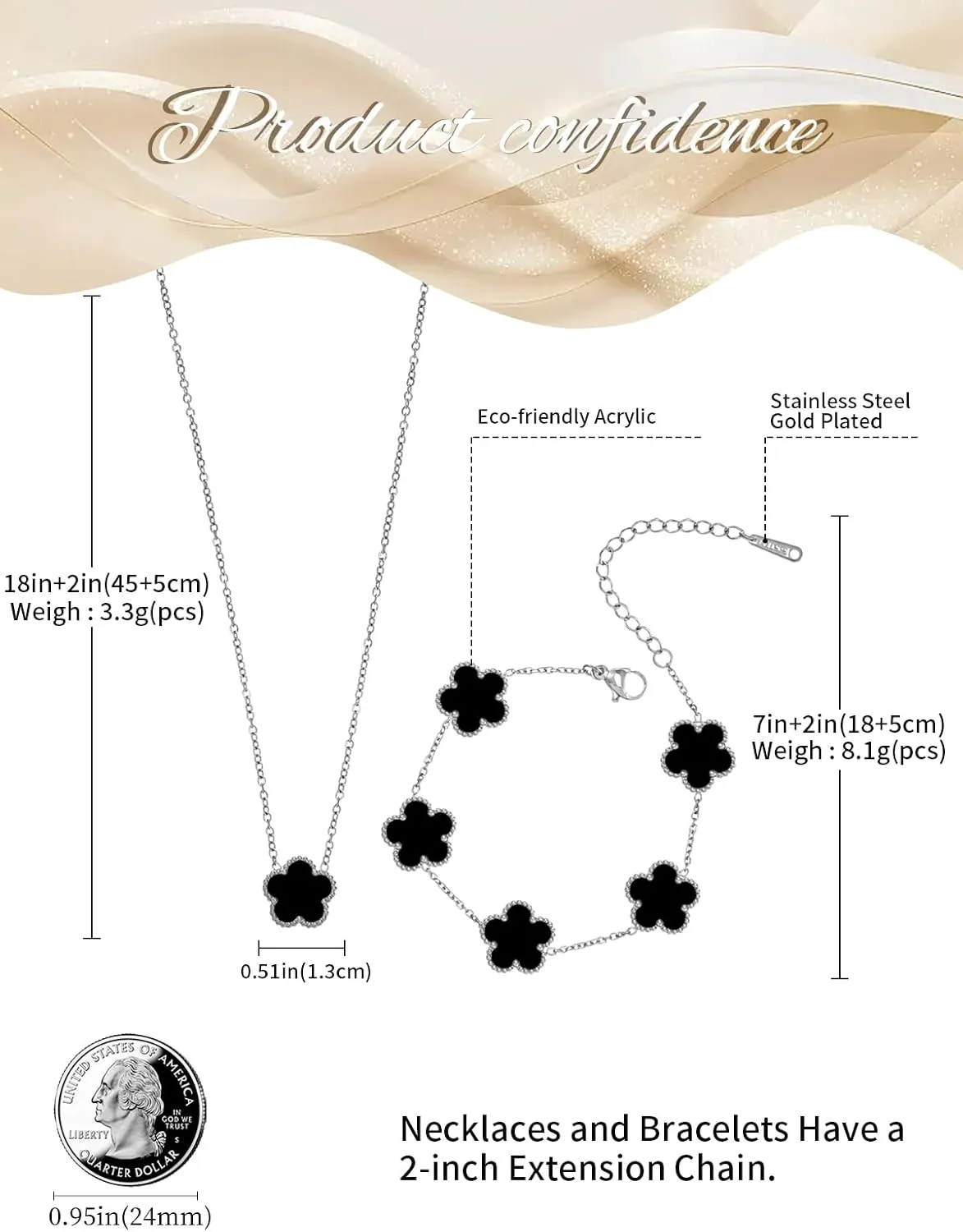 Gold Plated Stainless Steel Four Leaf Clover Bracelet and Necklace Jewelry Set for Women