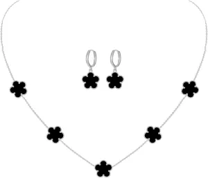 Gold Plated Stainless Steel Four Leaf Clover Necklace and Earrings Jewelry Set for Women