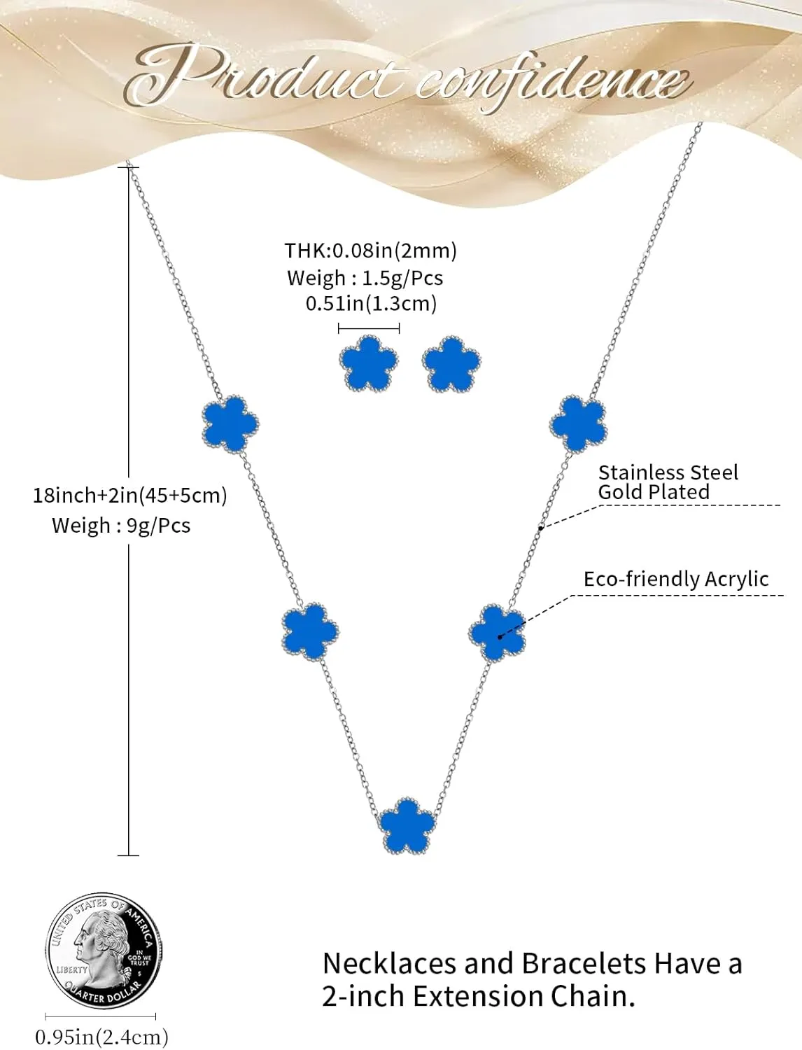 Gold Plated Stainless Steel Four Leaf Clover Necklace and Stud Jewelry Set for Women
