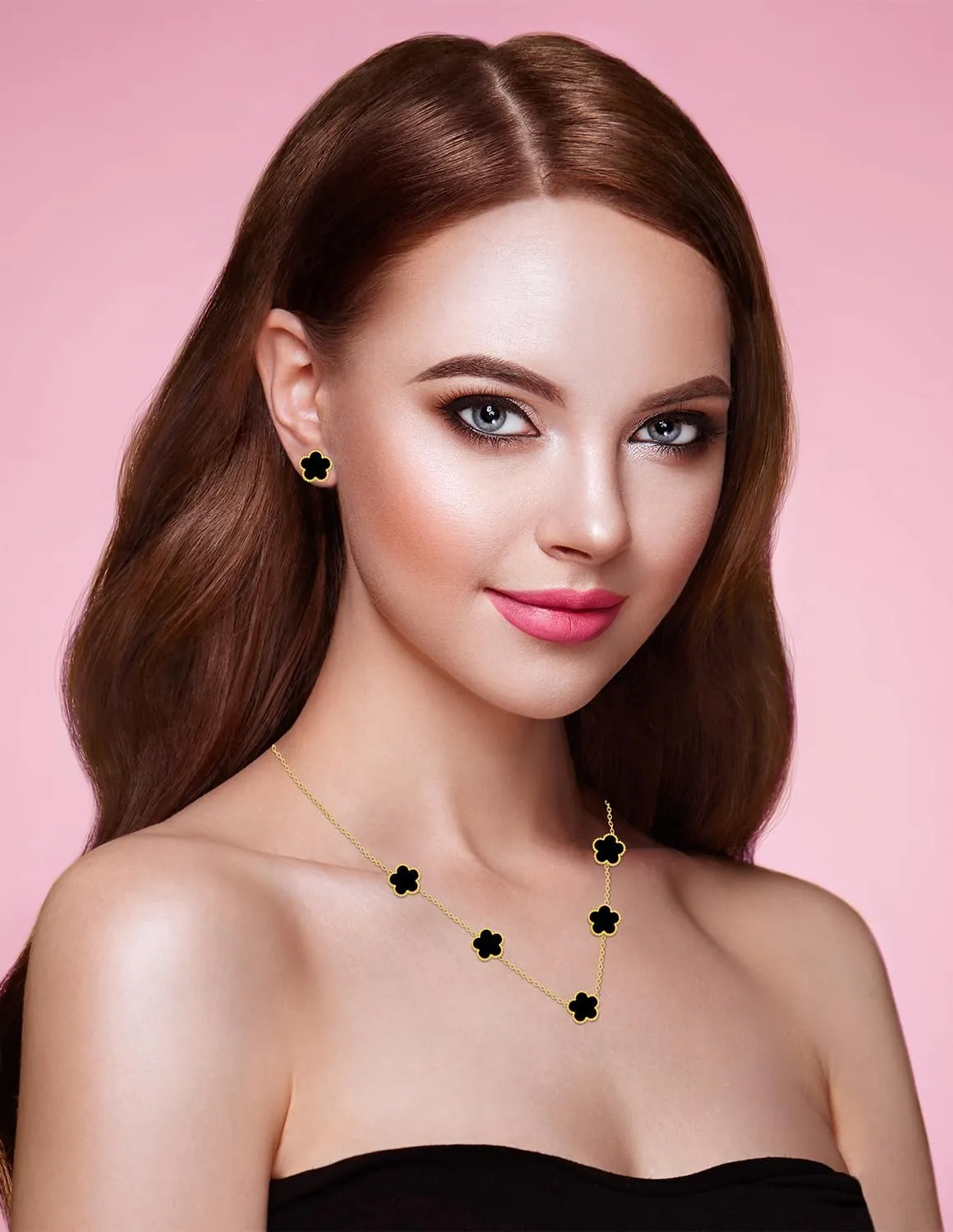 Gold Plated Stainless Steel Four Leaf Clover Necklace and Stud Jewelry Set for Women
